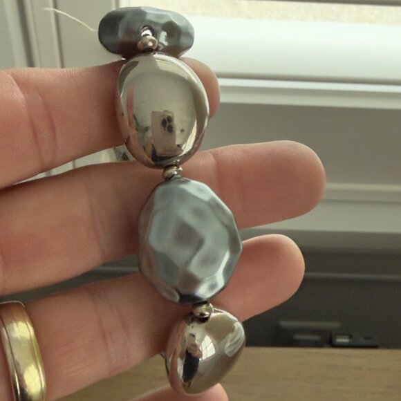 Vtg Chunky Gunmetal Black Silver Beaded Necklace Matching Set Stretch Bracelets - Picture 10 of 16